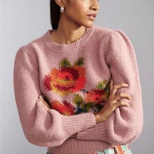 Banjanan Rosie Handknit Crewneck Sweater M Petal Alpaca Wool Puff Sleeve Boho